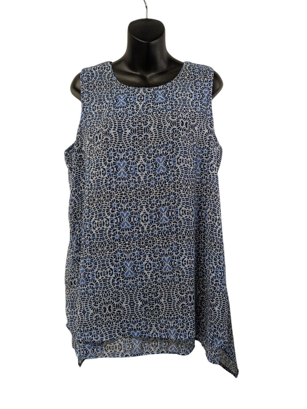 Fever Blue Medallion Floral Asymmetrical Tank Top L Large Sheer Layered Tunic